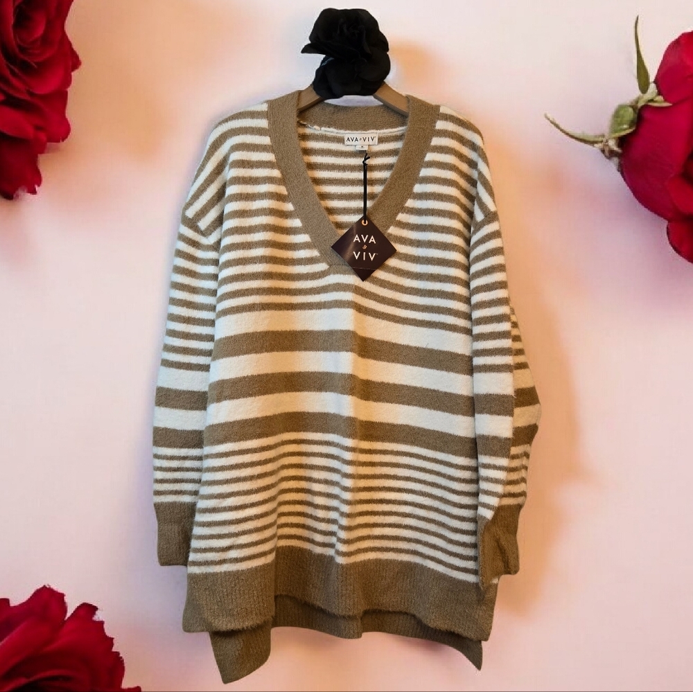 Women's Striped Sweater - Brown and Cream Ava& Viv Plus size 1X NWT